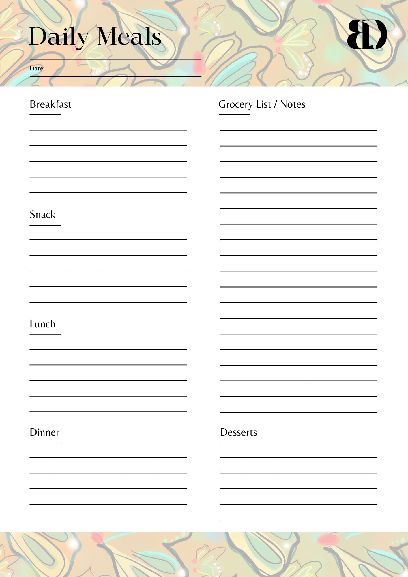 Digital Download - Butterflies - Meal planner