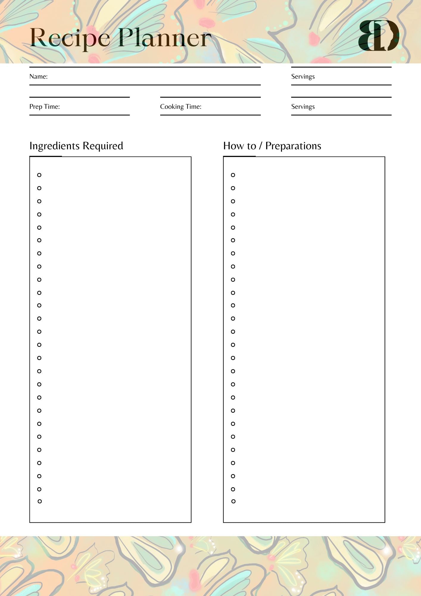Digital Download - Butterflies - Meal planner