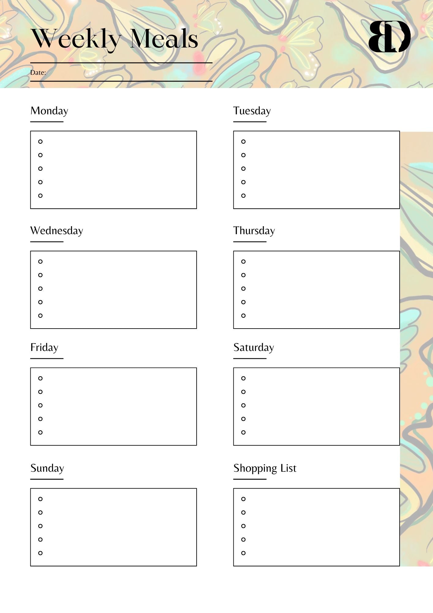 Digital Download - Butterflies - Meal planner