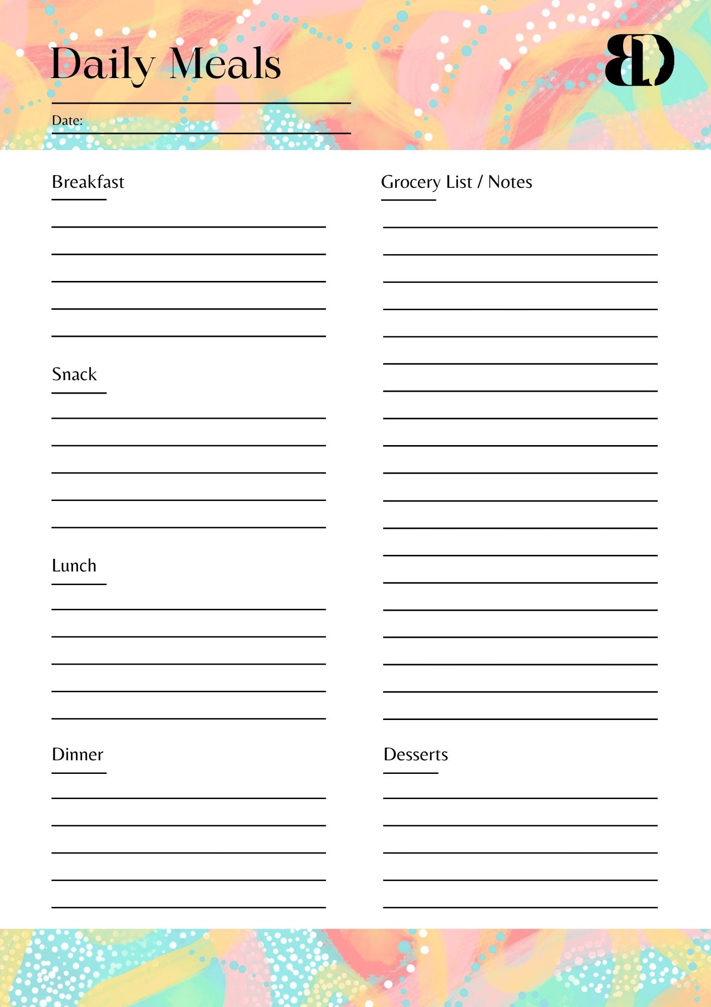 Digital Download - Summer Fun - Meal planner
