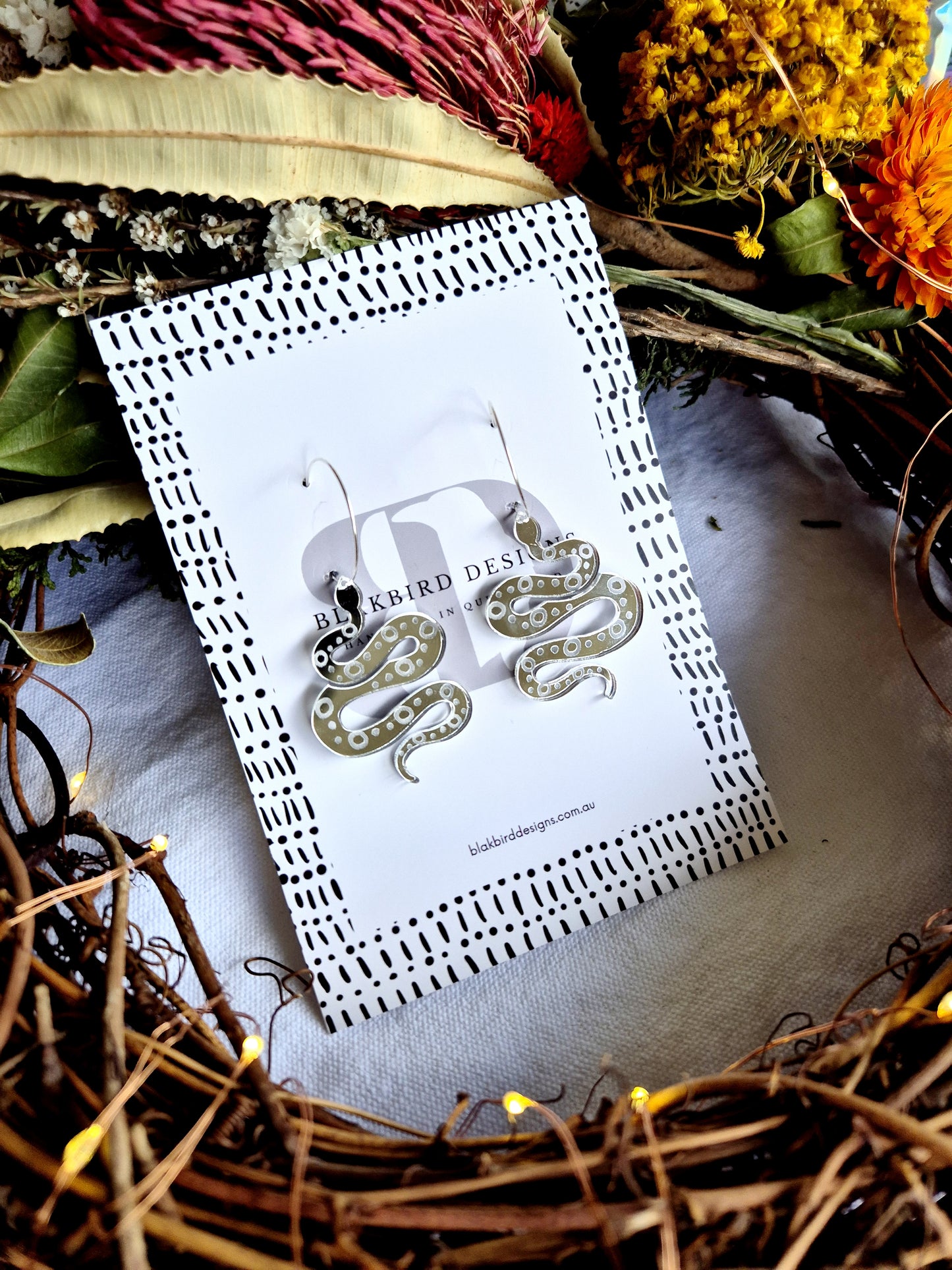 Mirror Acrylic Snake Earrings - Silver